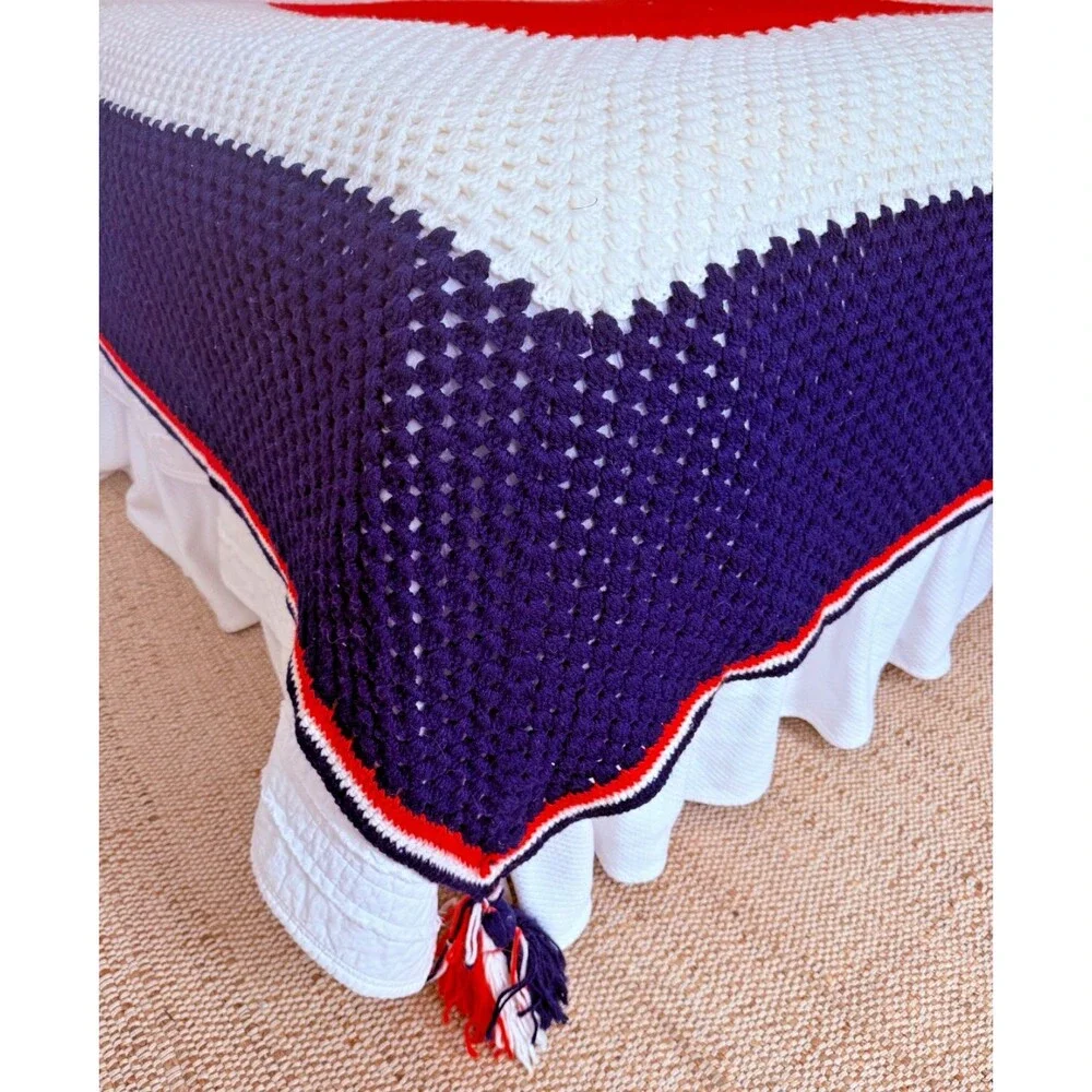 Vintage Large Crochet Afghan Blanket Throw Handmade 100” x 104” Red White & Blue